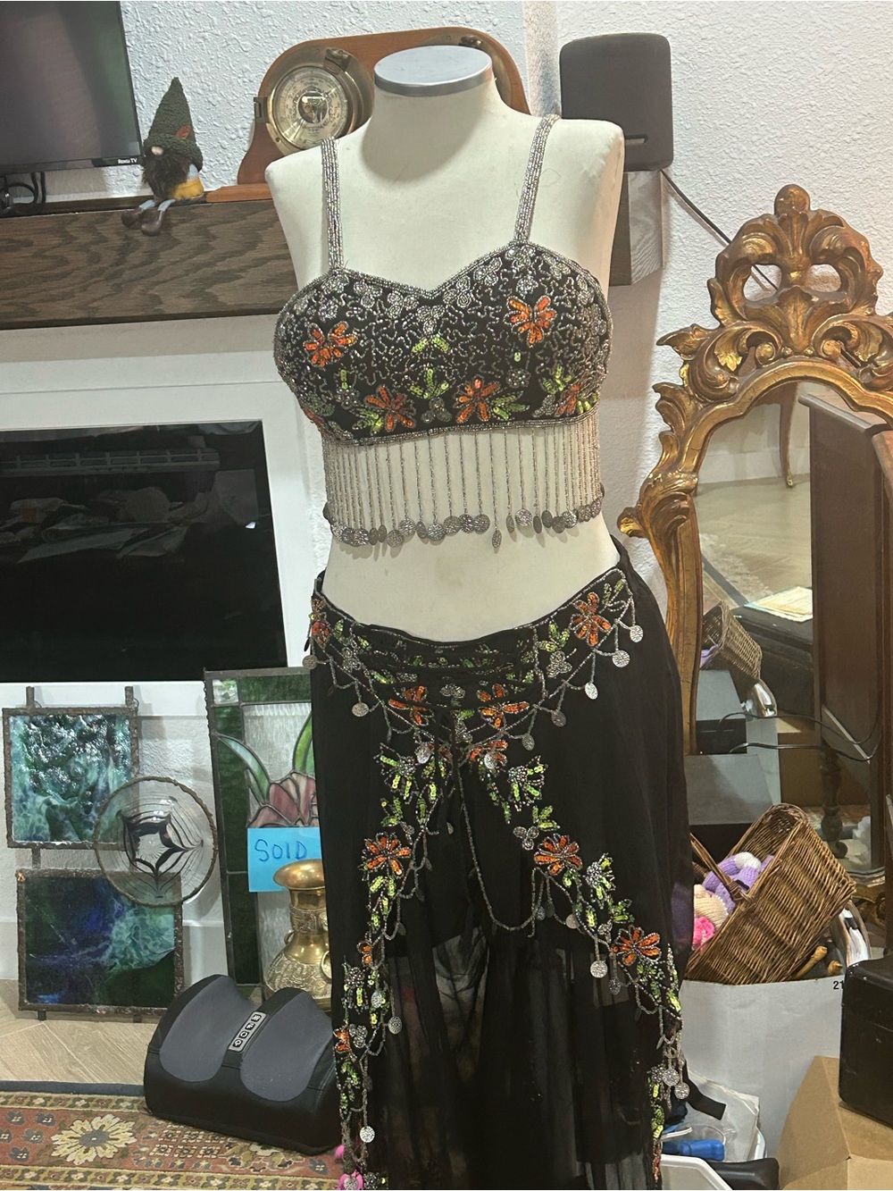 Embroidered Black Beaded Belly Dance Set with Fringe